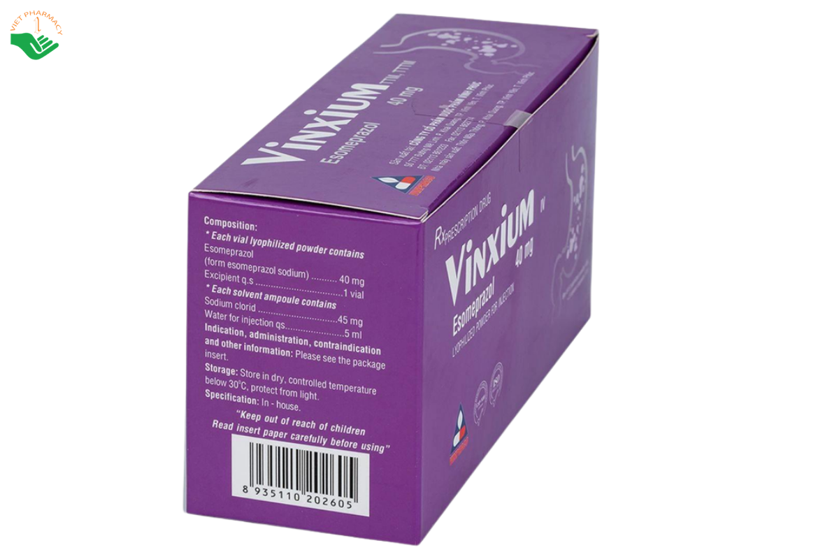 Bột đông khô pha tiêm Vinxium 40mg Vinphaco điều trị viêm loét dạ dày tá tràng (Hộp 5 lọ + 5 ống dung môi)