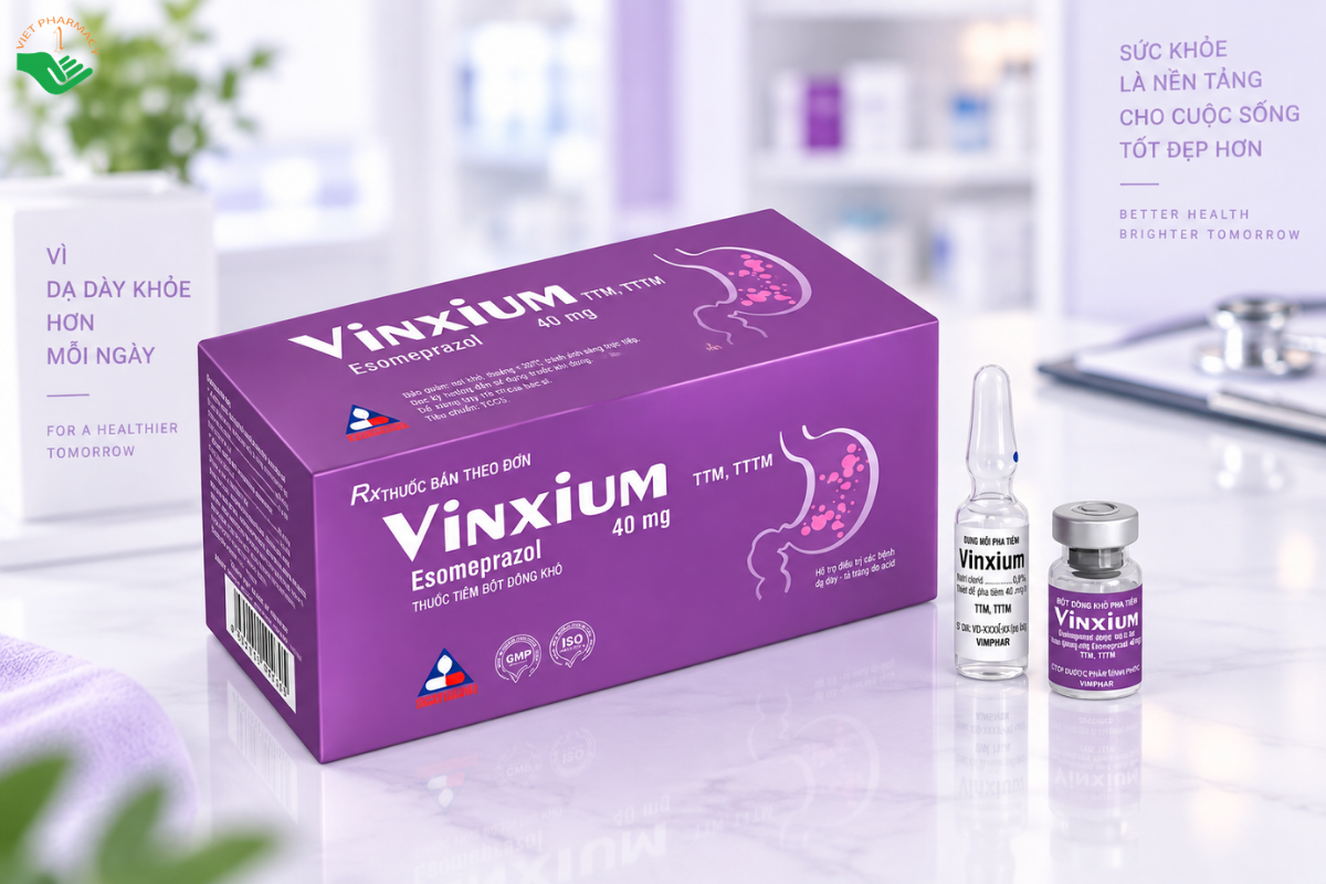 Bột đông khô pha tiêm Vinxium 40mg Vinphaco điều trị viêm loét dạ dày tá tràng (Hộp 5 lọ + 5 ống dung môi)