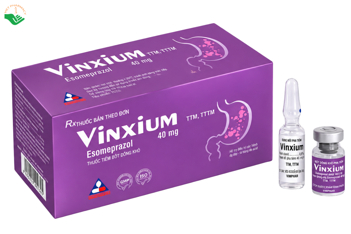 Bột đông khô pha tiêm Vinxium 40mg Vinphaco điều trị viêm loét dạ dày tá tràng (Hộp 5 lọ + 5 ống dung môi)