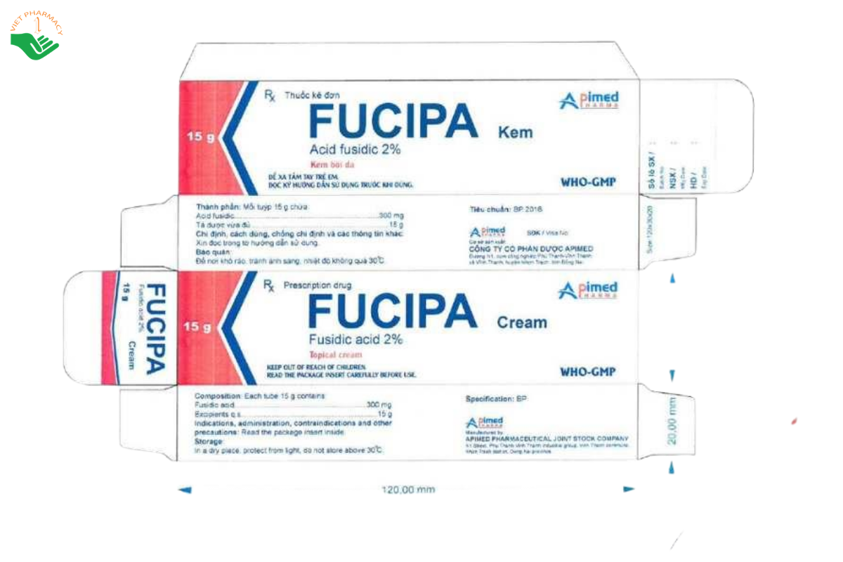Kem bôi da Fucipa Cream Apimed điều trị nhiễm khuẩn ngoài da (Hộp 15g)
