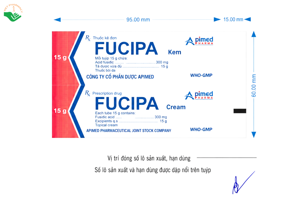 Kem bôi da Fucipa Cream Apimed điều trị nhiễm khuẩn ngoài da (Hộp 15g)