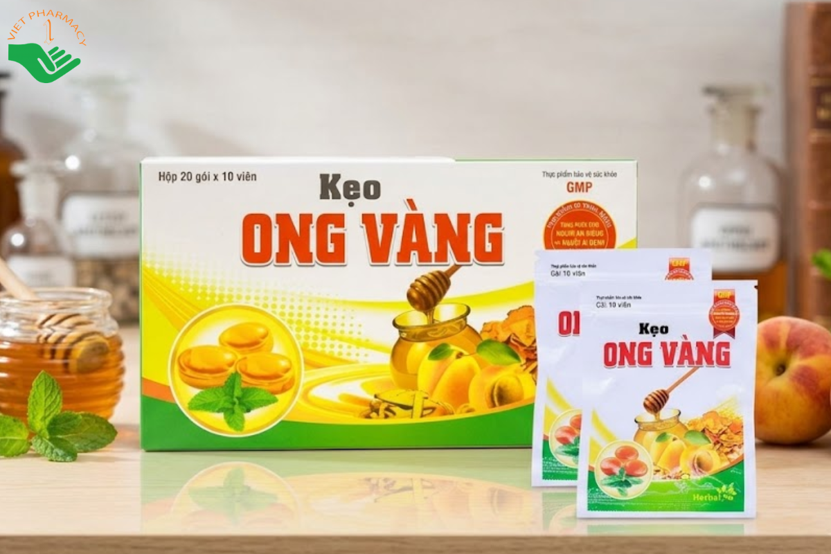 Kẹo Ong Vàng Thảo Dược Việt hỗ trợ giảm ho, làm dịu đau rát và khản tiếng (Hộp 20 gói x 10 viên)