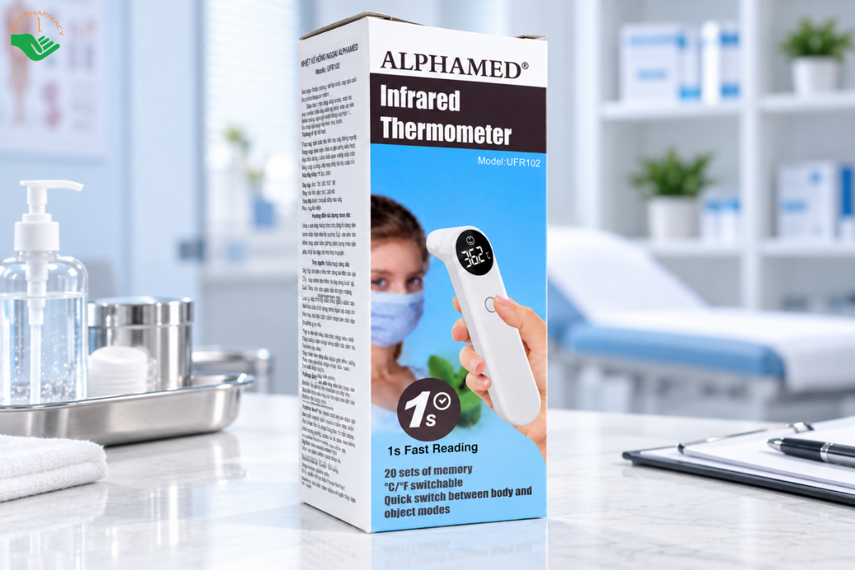 Nhiệt kế hồng ngoại UFR102 Alphamed đo trán, tai và vật thể (Hộp 1 nhiệt kế)