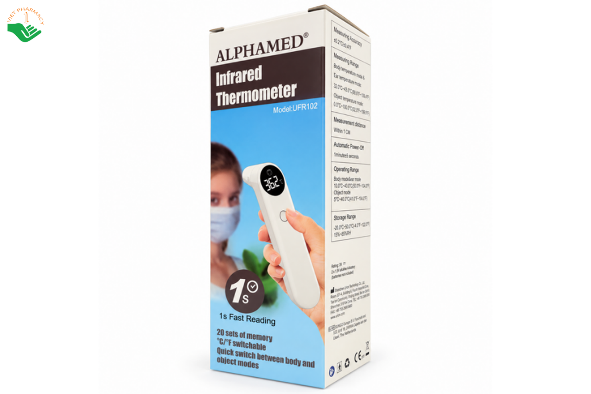 Nhiệt kế hồng ngoại UFR102 Alphamed đo trán, tai và vật thể (Hộp 1 nhiệt kế)