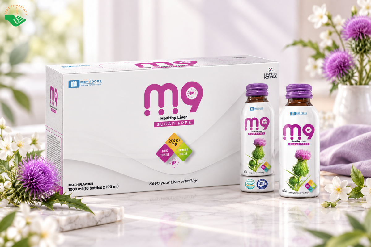 Nước uống bảo vệ gan M9 Met Foods hỗ trợ bảo vệ gan, giúp gan khỏe mạnh (Hộp 10 chai x 100ml)