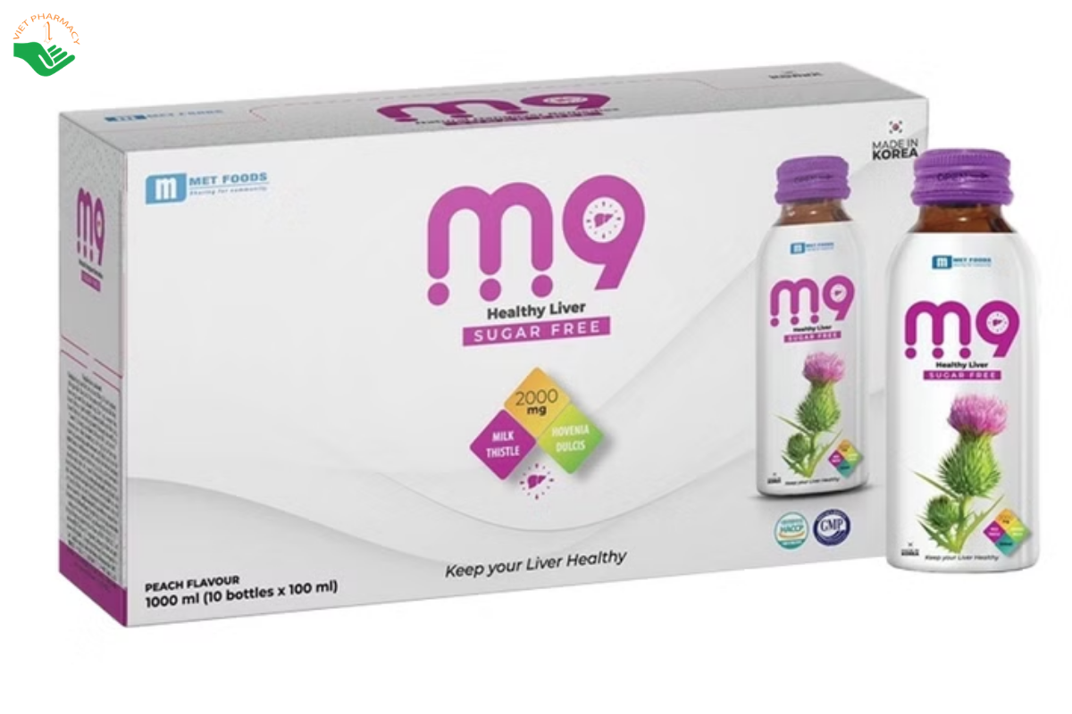 Nước uống bảo vệ gan M9 Met Foods hỗ trợ bảo vệ gan, giúp gan khỏe mạnh (Hộp 10 chai x 100ml)