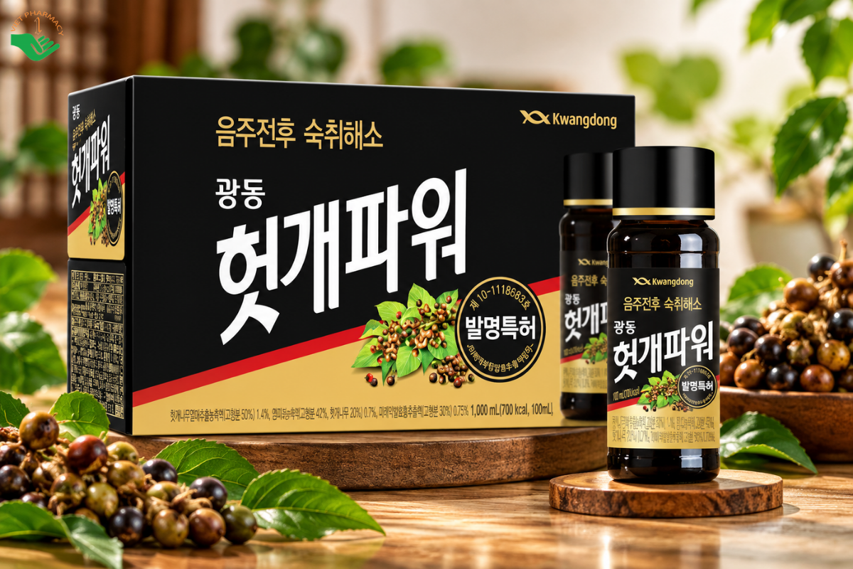 Nước uống giải rượu Hutkae Power Kwangdong hỗ trợ giảm khó chịu sau khi uống rượu bia, bảo vệ gan (Hộp 10 chai x 100ml)