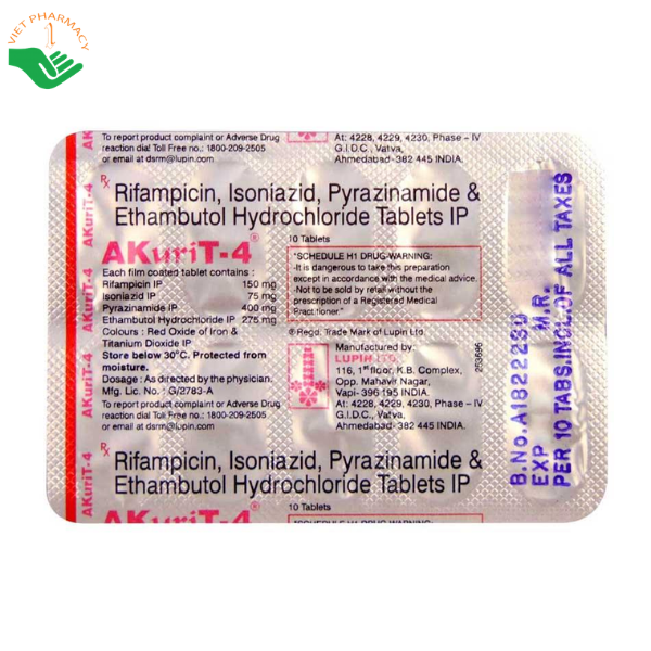 Thuốc AKuriT-4 Lupin Pharmaceuticals điều trị bệnh lao (Hộp 10 x 2 x 10 viên)