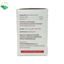 Thuốc Atropin Sulfat 0,25mg Hataphar giảm co thắt cơ trơn tiêu hóa và tiết niệu (Hộp 10 vỉ x 25 viên)
