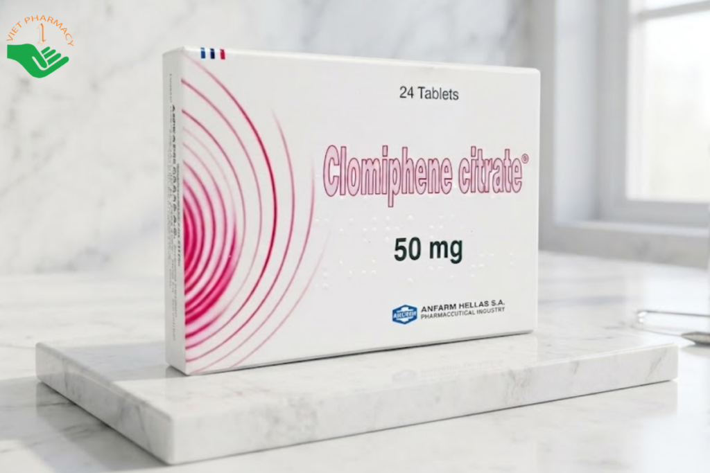 Thuốc Clomiphene citrate 50mg Anpharm Hellas điều trị vô kinh, không rụng trứng (Hộp 2 vỉ x 12 viên)
