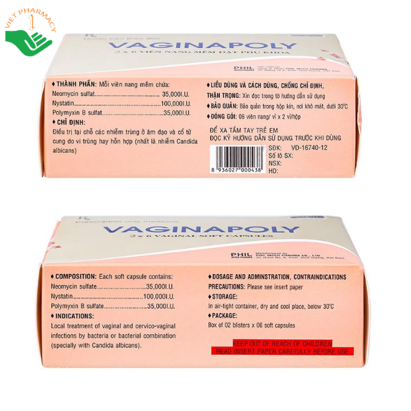 Thuốc Vaginapoly PHIL Inter Pharma điều trị nhiễm trùng âm đạo và cổ tử cung (Hộp 2 vỉ x 6 viên)
