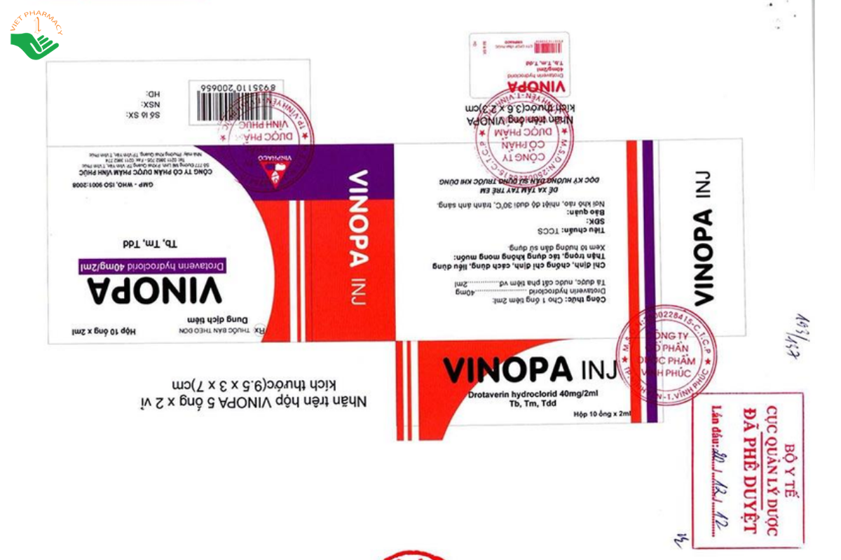 Thuốc tiêm Vinopa 40mg/2ml Vinphaco giảm đau co thắt cơ trơn (Hộp 10 ống x 2ml)