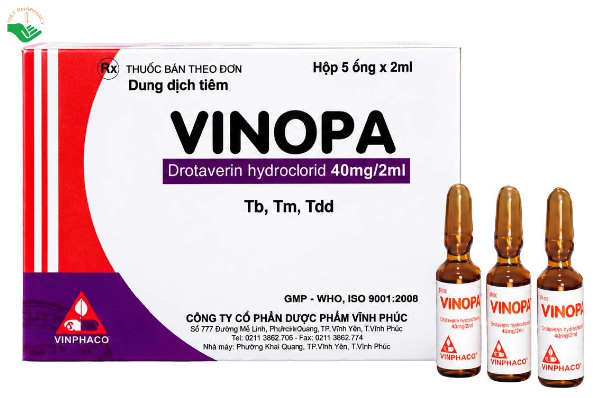 Thuốc tiêm Vinopa 40mg/2ml Vinphaco giảm đau co thắt cơ trơn (Hộp 10 ống x 2ml)