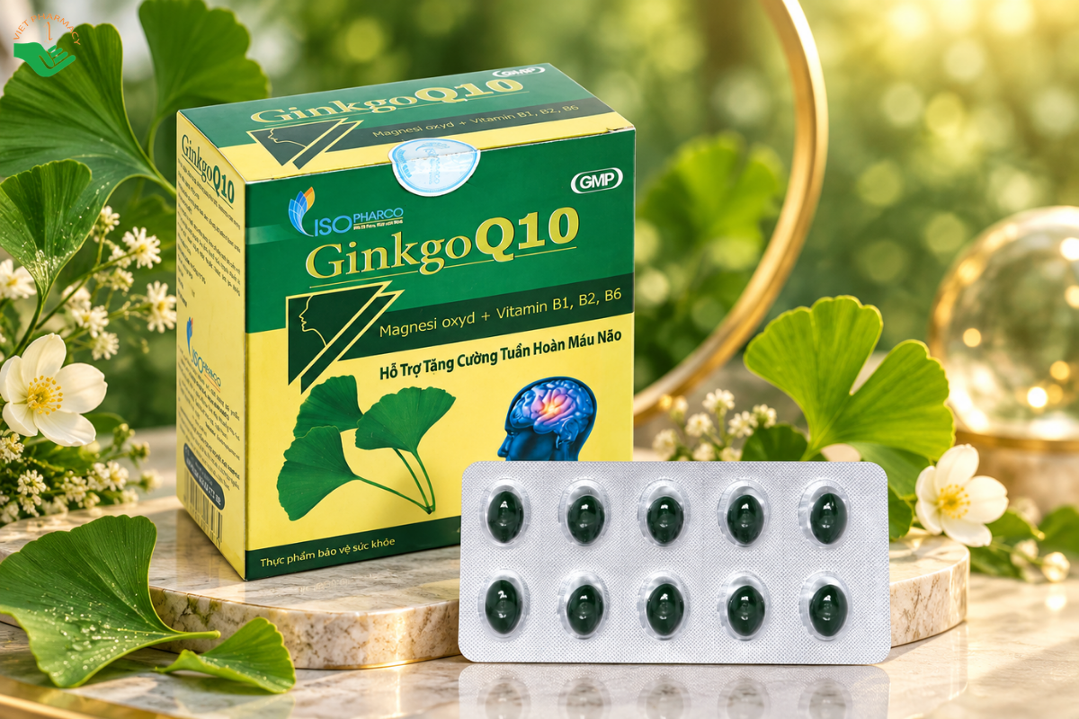 Viên uống Ginkgo Q10 IsoPharco hỗ trợ hoạt huyết dưỡng não (Hộp 10 vỉ x 10 viên)