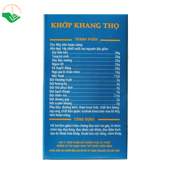 Viên uống Khớp Khang Thọ Nam Dương hỗ trợ giảm đau nhức xương khớp, đau mỏi vai gáy và tê bì chân tay (Hộp 1 lọ 40g)