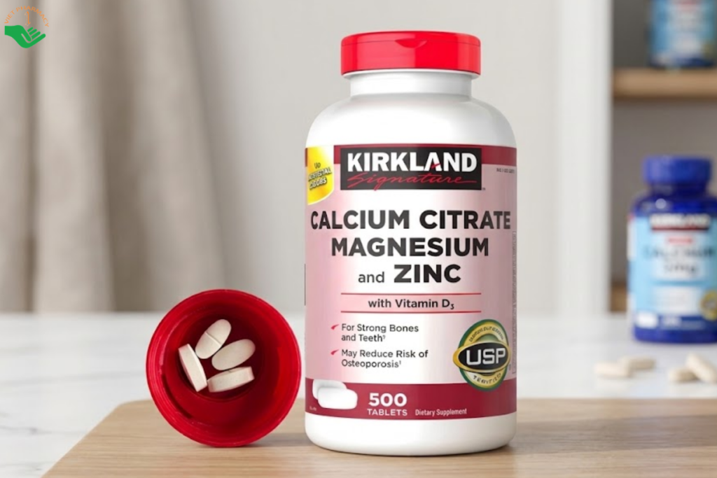 Viên uống Kirkland Calcium Citrate Magnesium and Zinc Kirkland Signature bổ sung canxi, magie, kẽm và vitamin D3 hỗ trợ xương răng chắc khỏe (Lọ 500 viên)