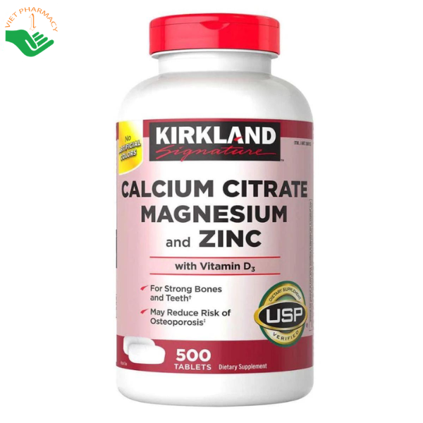 Viên uống Kirkland Calcium Citrate Magnesium and Zinc Kirkland Signature bổ sung canxi, magie, kẽm và vitamin D3 hỗ trợ xương răng chắc khỏe (Lọ 500 viên)