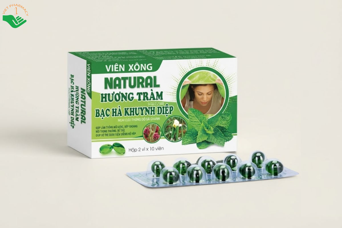 Viên xông Natural Hương Tràm Bạc Hà Khuynh Diệp An Hòa Phát hỗ trợ thông thoáng mũi họng, giảm nghẹt mũi và triệu chứng cảm lạnh (Hộp 2 vỉ x 10 viên)
