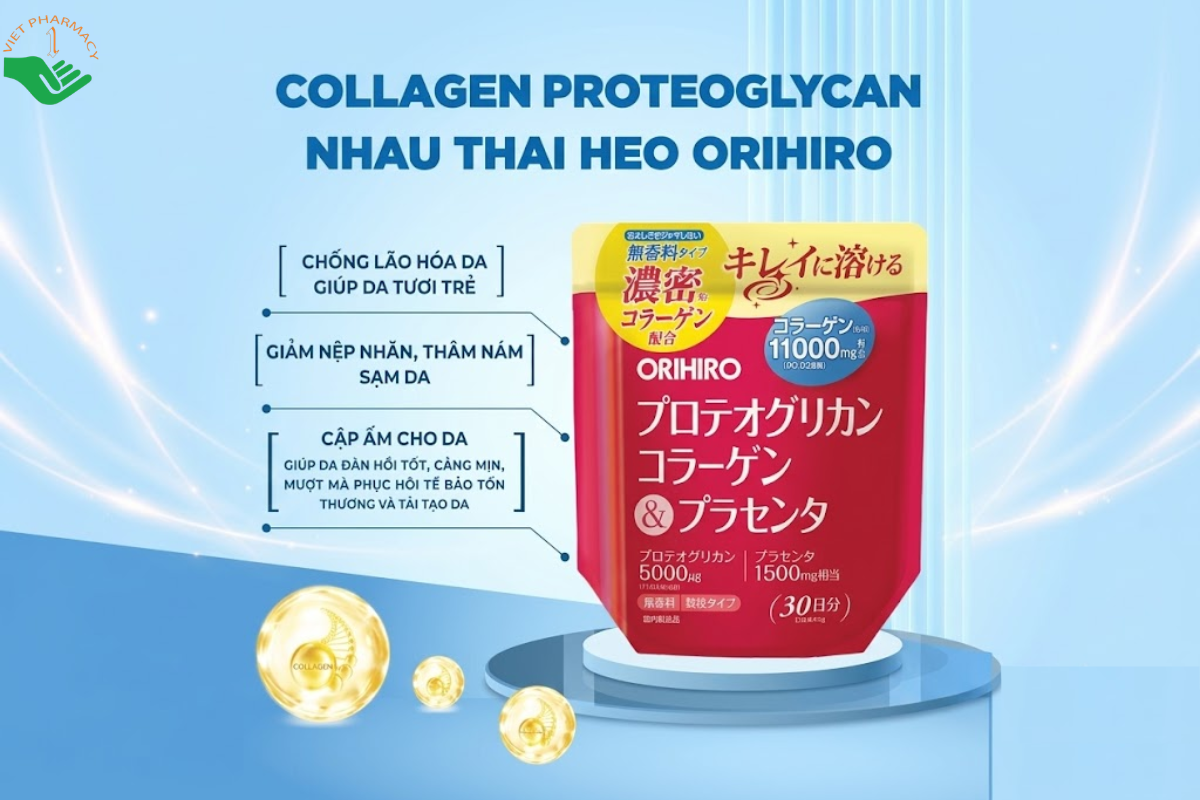 Bột Collagen Proteoglycan nhau thai heo Orihiro hỗ trợ bổ sung collagen và chăm sóc da (Túi 180g)
