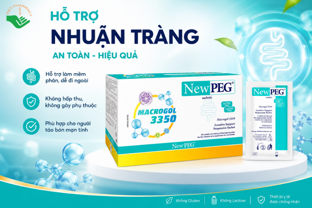 Bột Macrogol 3350 NewPEG hỗ trợ nhuận tràng và cải thiện táo bón (Hộp 30 gói)