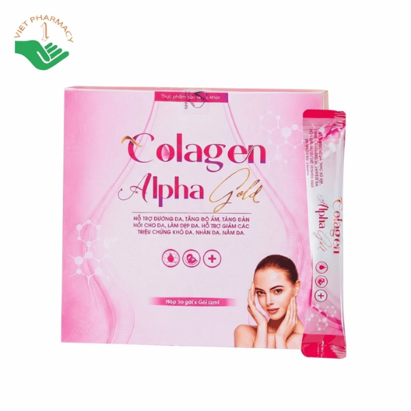 Collagen Alpha Gold hỗ trợ dưỡng da sáng đẹp, tăng độ đàn hồi, giảm sạm nám (Hộp 30 gói x 12ml)