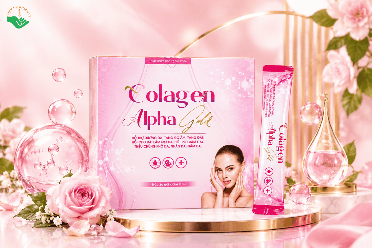 Collagen Alpha Gold hỗ trợ dưỡng da sáng đẹp, tăng độ đàn hồi, giảm sạm nám (Hộp 30 gói x 12ml)