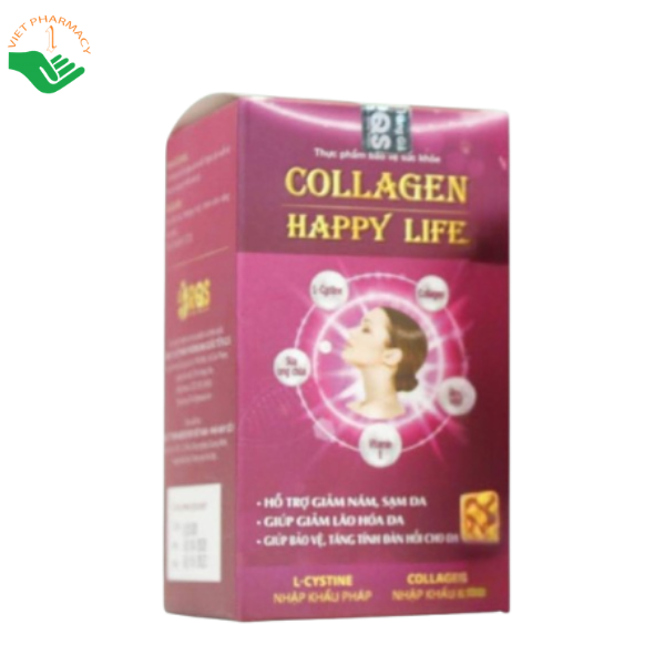 Collagen Happy Life Rqfharma hỗ trợ giảm nám, sạm da, giúp da sáng đều màu (Hộp 30 viên)