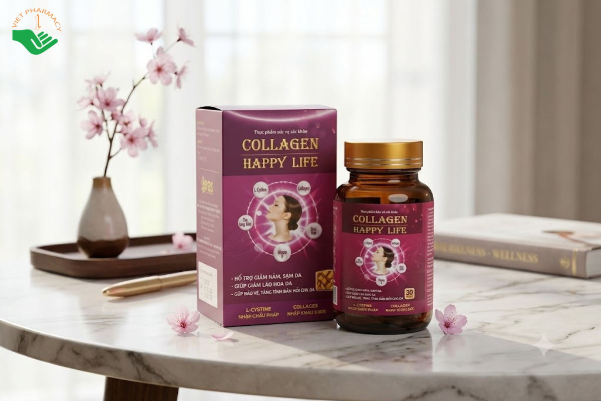 Collagen Happy Life Rqfharma hỗ trợ giảm nám, sạm da, giúp da sáng đều màu (Hộp 30 viên)