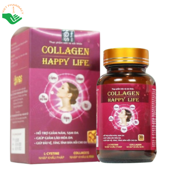 Collagen Happy Life Rqfharma hỗ trợ giảm nám, sạm da, giúp da sáng đều màu (Hộp 30 viên)
