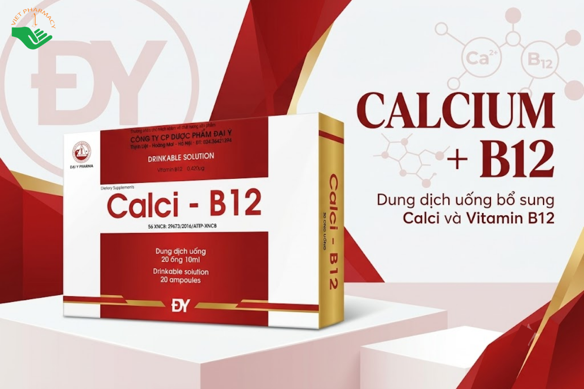 Dung dịch uống Calci - B12 Dai Y Pharma bổ sung canxi và vitamin B1, B12 (Hộp 20 ống x 10ml)