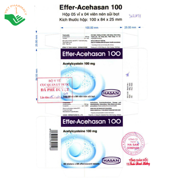 Thuốc Effer-Acehasan 100 Hasan-Dermapharm tiêu chất nhầy trong bệnh lý hô hấp có đờm nhầy quánh (Hộp 10 vỉ x 4 viên) - Ảnh 2