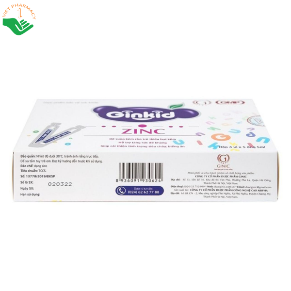 Siro Ginkid ZinC Ginic hỗ trợ tăng cường sức đề kháng, bổ sung kẽm và vitamin cho trẻ (Hộp 4 vỉ x 5 ống x 5ml)