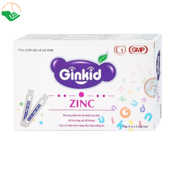 Siro Ginkid ZinC Ginic hỗ trợ tăng cường sức đề kháng, bổ sung kẽm và vitamin cho trẻ (Hộp 4 vỉ x 5 ống x 5ml)