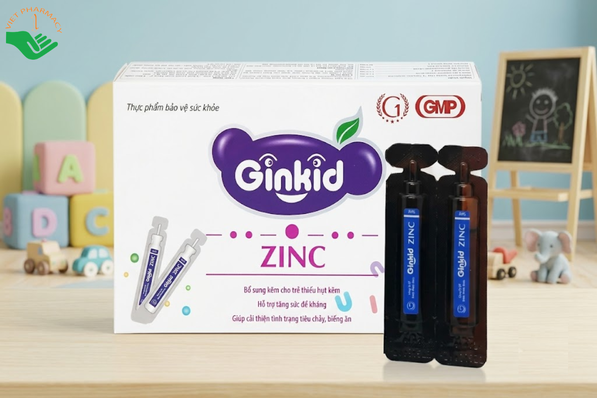 Siro Ginkid ZinC Ginic hỗ trợ tăng cường sức đề kháng, bổ sung kẽm và vitamin cho trẻ (Hộp 4 vỉ x 5 ống x 5ml)