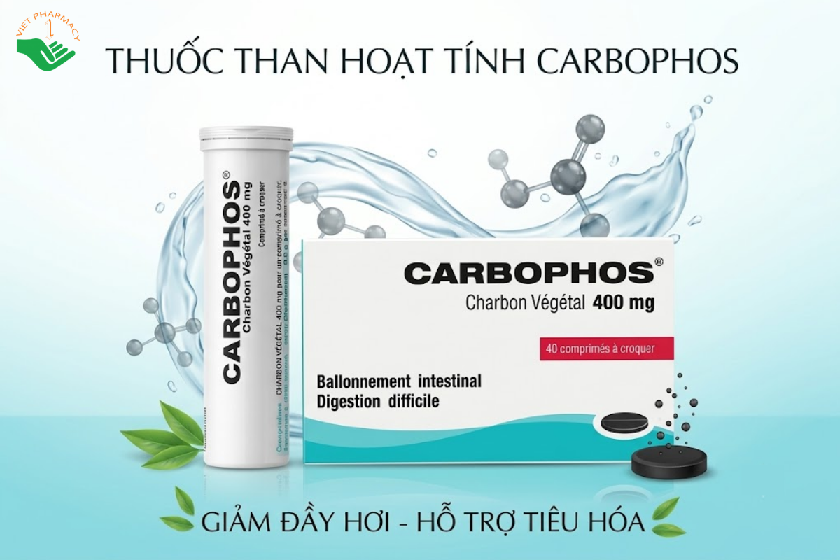 Thuốc Carbophos giảm khó tiêu, chướng bụng và hỗ trợ giải độc (Hộp 2 tuýp x 20 viên)