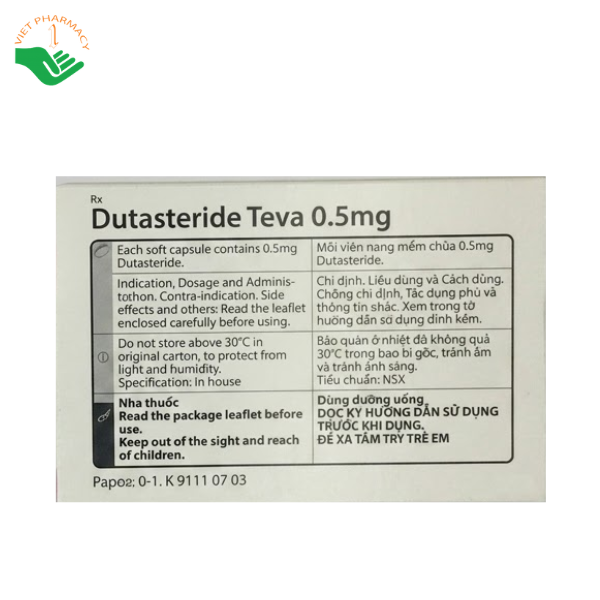 Thuốc Dutasteride Teva 0.5mg điều trị phì đại tuyến tiền liệt lành tính và giảm triệu chứng BPH (Hộp 3 vỉ x 10 viên)