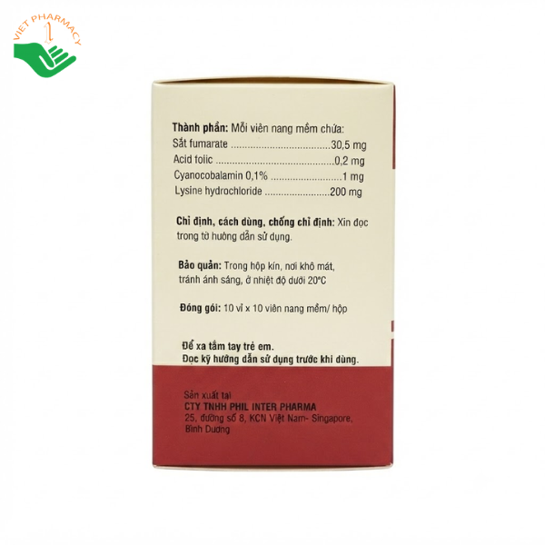 Thuốc Femirat Phil Inter bổ sung sắt, acid folic và vitamin B12 (Hộp 10 vỉ x 10 viên)