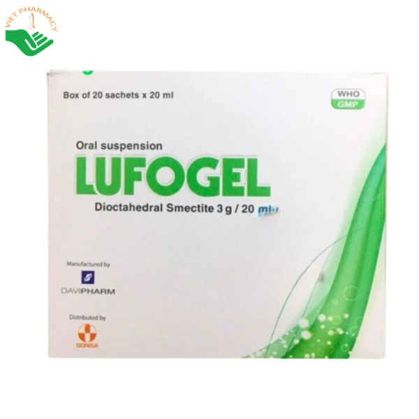 Thuốc Lufogel Davipharm điều trị tiêu chảy cấp, tiêu chảy mạn tính và giảm đau do loét dạ dày tá tràng (Hộp 20 gói x 20ml)