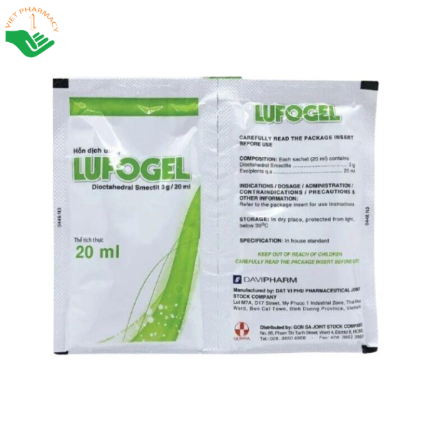 Thuốc Lufogel Davipharm điều trị tiêu chảy cấp, tiêu chảy mạn tính và giảm đau do loét dạ dày tá tràng (Hộp 20 gói x 20ml)