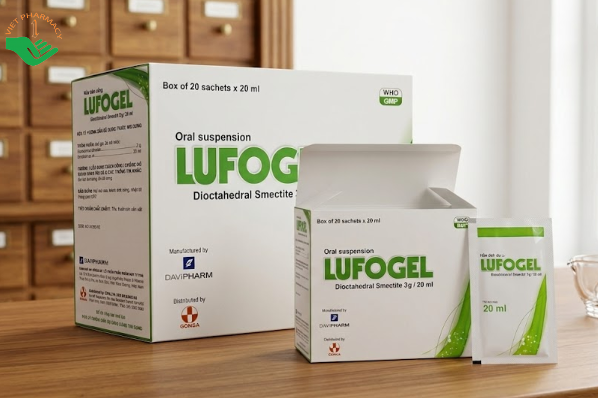 Thuốc Lufogel Davipharm điều trị tiêu chảy cấp, tiêu chảy mạn tính và giảm đau do loét dạ dày tá tràng (Hộp 20 gói x 20ml)