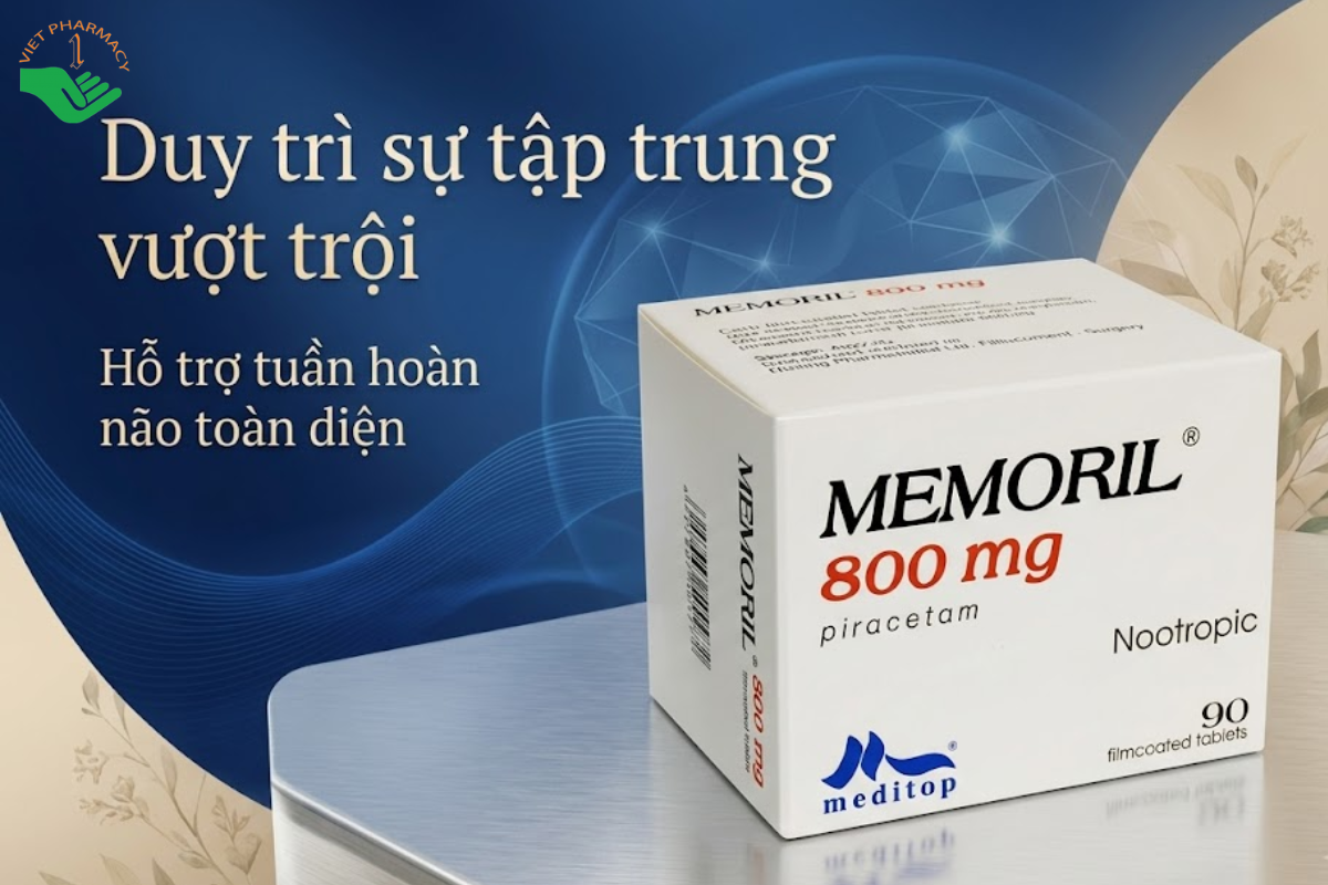 Thuốc Memoril 800mg Meditop hỗ trợ cải thiện chức năng não, tăng cường trí nhớ và giảm chóng mặt (Hộp 9 vỉ x 10 viên)