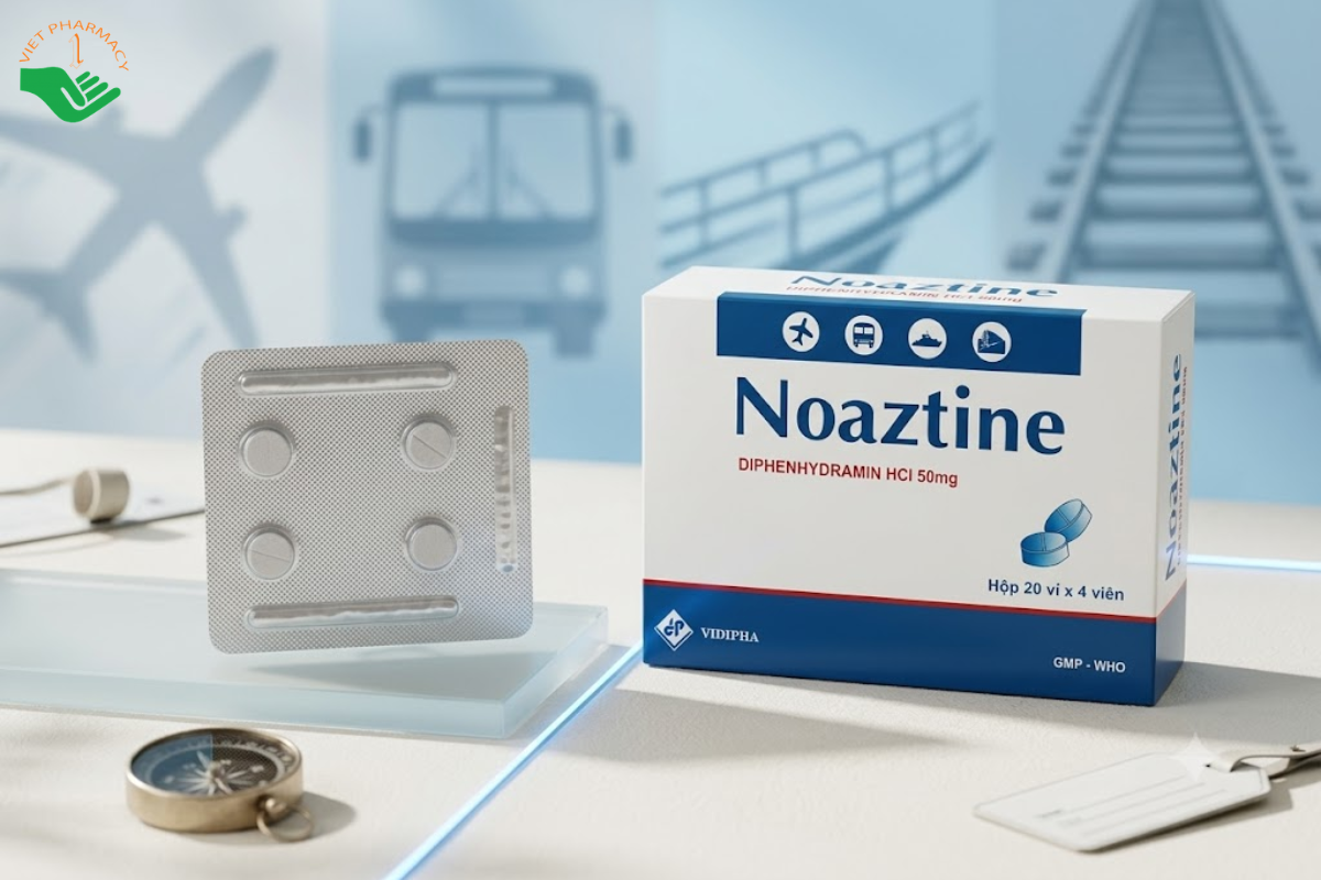 Thuốc Noaztine 50mg Vidipha giảm dị ứng, chống say xe và chống nôn (Hộp 20 vỉ x 4 viên)