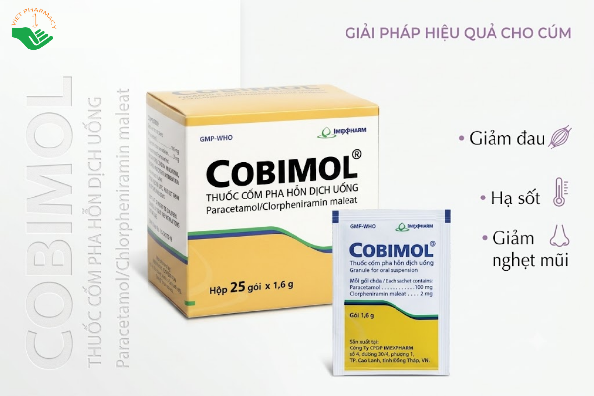 Thuốc pms-Cobimol giảm đau, hạ sốt và trị triệu chứng cảm cúm (Hộp 25 gói)