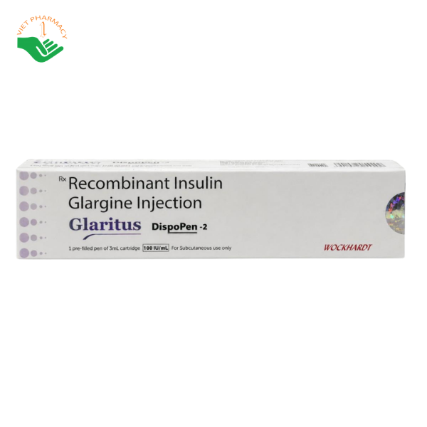 Thuốc tiêm Glaritus 100IU/ml Wockhardt hỗ trợ kiểm soát đường huyết cho người bệnh tiểu đường (Hộp 1 bút tiêm 3ml)