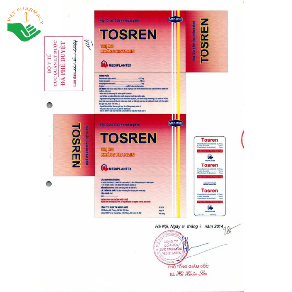 Thuốc Tosren Mediplantex giảm ho, giảm nghẹt mũi và giảm dị ứng (Hộp 10 vỉ x 10 viên)