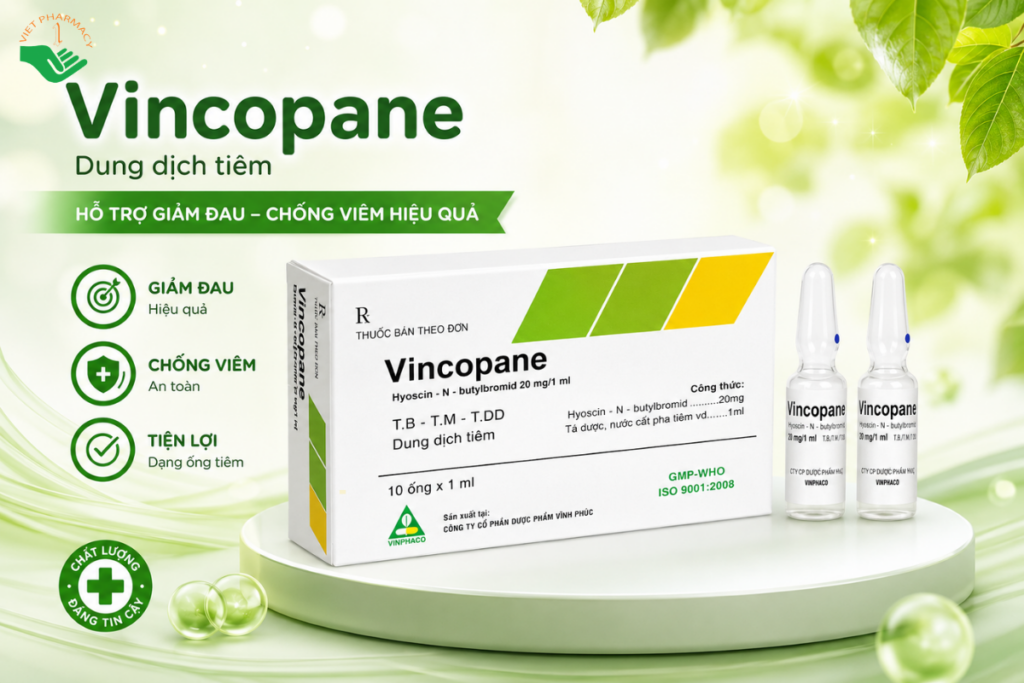 Thuốc Vincopane 20mg/1ml Vinphaco điều trị co thắt và đau quặn đường tiêu hóa, tiết niệu (Hộp 10 ống x 1ml)