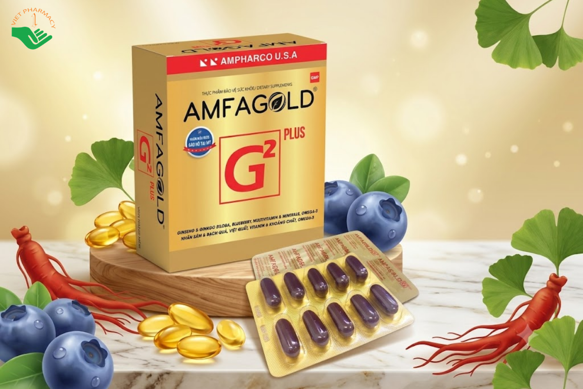 Viên uống Amfagold G2 Plus hỗ trợ tuần hoàn não và bổ sung dưỡng chất (Hộp 3 vỉ x 10 viên)