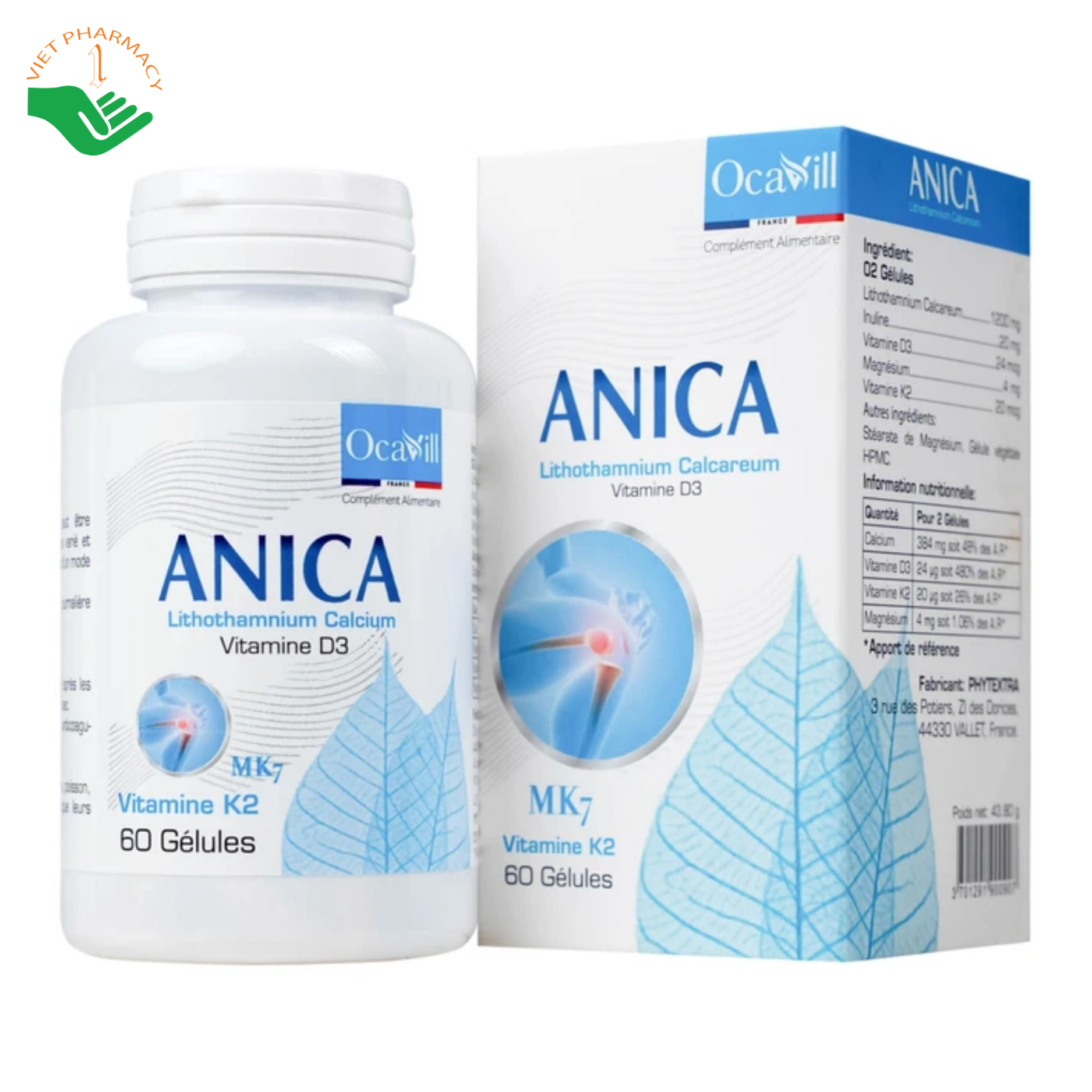 Viên uống Anica Ocavill bổ sung Canxi, Vitamin D3, K2, giúp xương răng chắc khỏe (Hộp 1 lọ 60 viên)