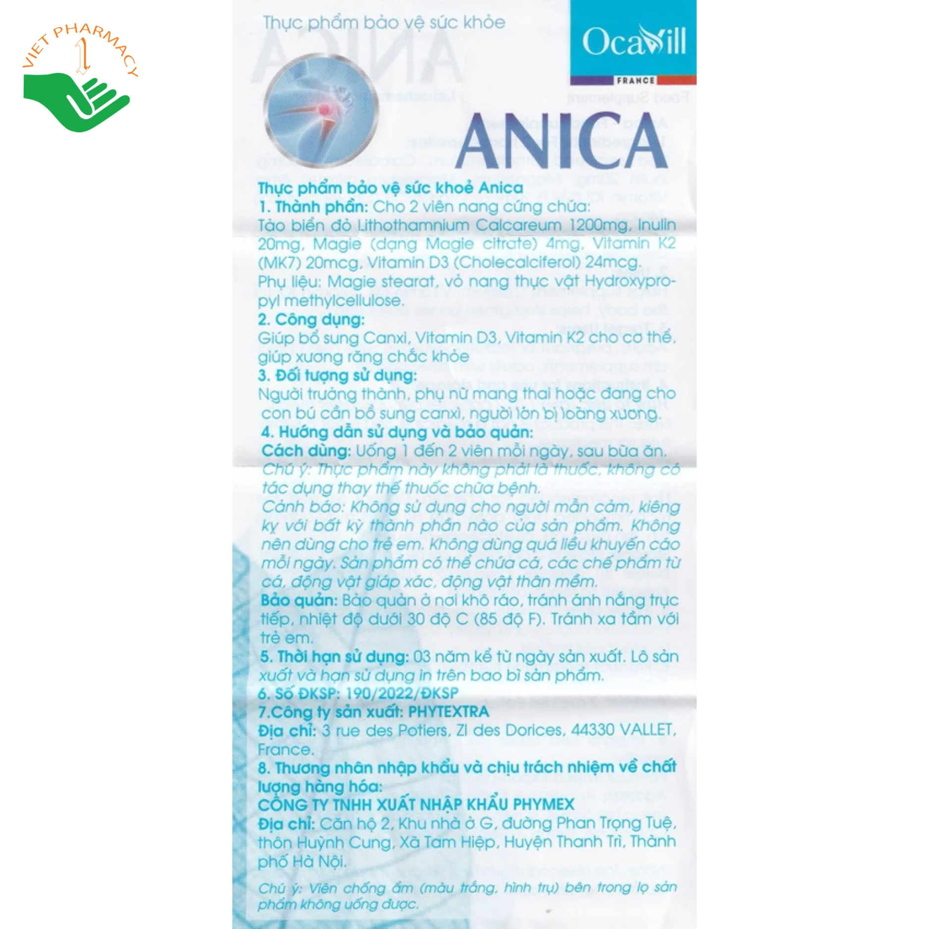 Viên uống Anica Ocavill bổ sung Canxi, Vitamin D3, K2, giúp xương răng chắc khỏe (Hộp 1 lọ 60 viên) - Ảnh 5