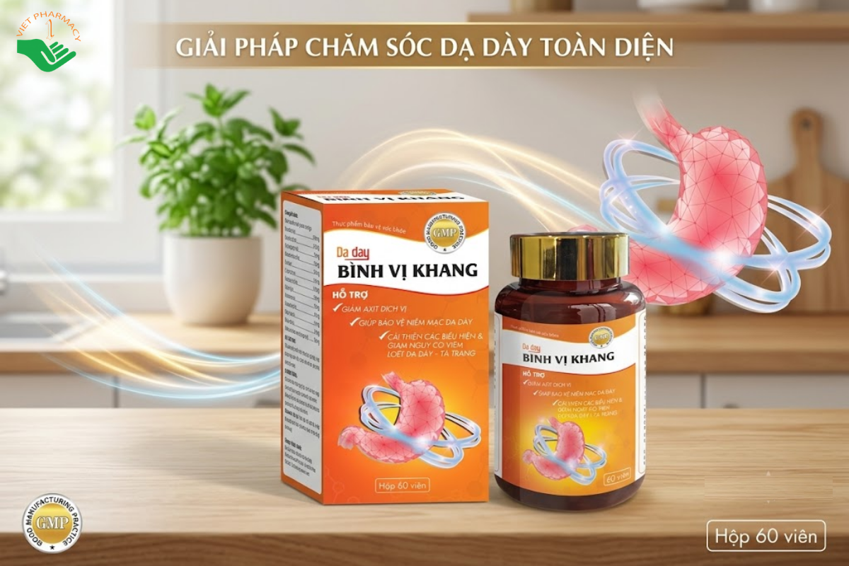 Viên uống Bình Vị Khang hỗ trợ giảm acid và bảo vệ niêm mạc dạ dày (Lọ 60 viên)